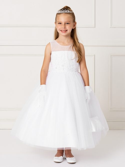 Ankle Length Lace and Mesh First Communion Dress with Sheer Neckline