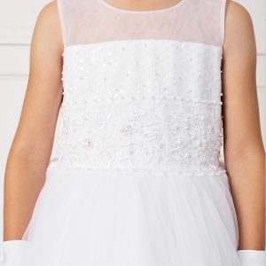 Ankle Length Lace and Mesh First Communion Dress with Sheer Neckline Bodice