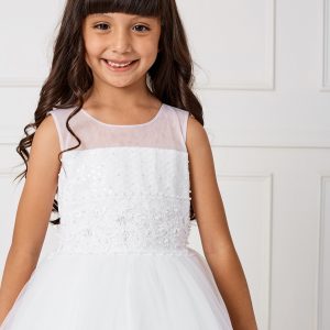 Ankle Length Lace and Mesh Girls First Communion Dress with Sheer Neckline