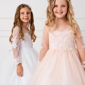 Beautiful Floor Length First Communion Dress for Girls with Detachable Train
