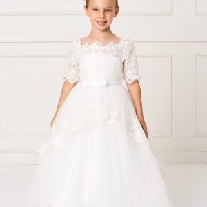 Beautiful Floor Length First Communion Dress with Lace Sleeves