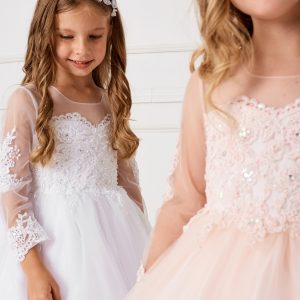 Beautiful Floor Length White or Blush First Communion Gown with Detachable Train
