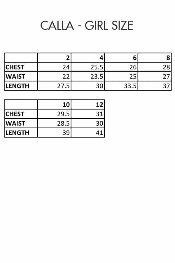 Calla Girl First Communion Size Chart