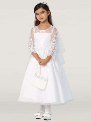 Embroidered Lace First Communion Dress with Three Quarter Sleeves