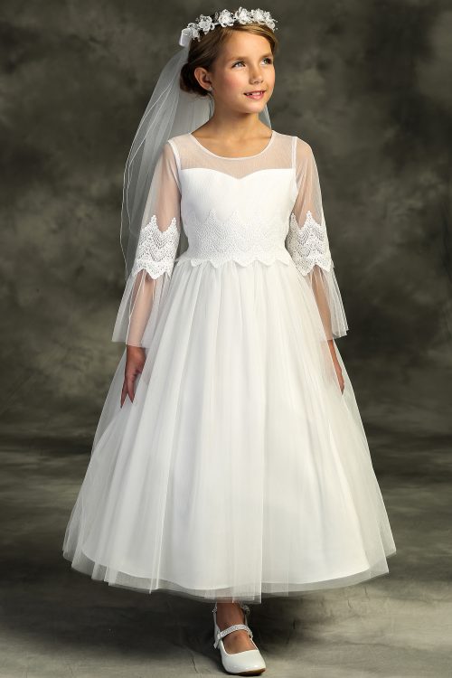 Embroidery Mesh First Communion Dress with Long Sleeves
