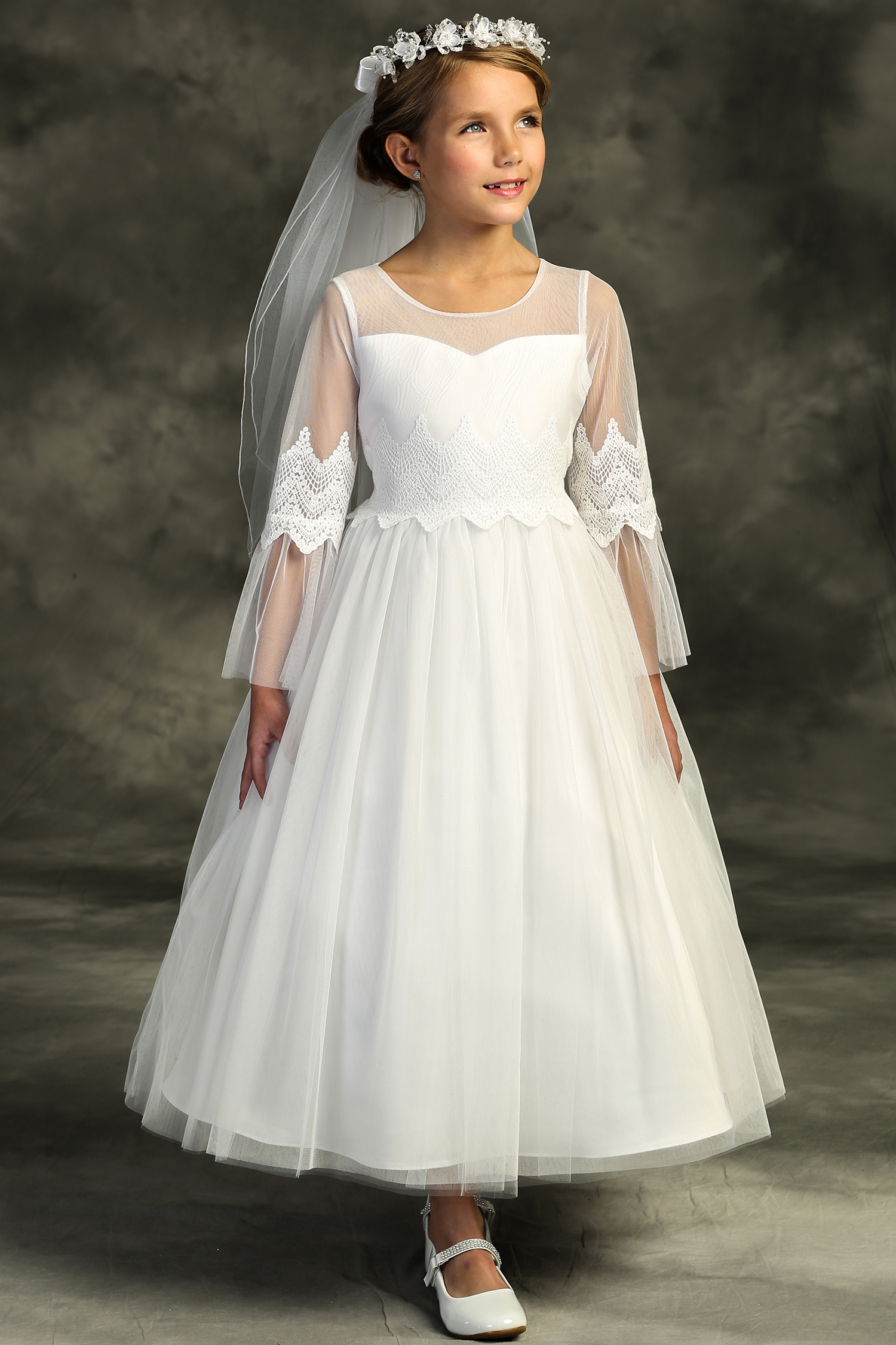 Embroidery Mesh First Communion Dress with Sleeves | Buy Modest First