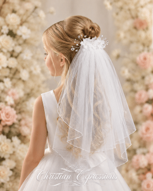 First Communion Comb Veil Organza Flowers Pearls Crystals
