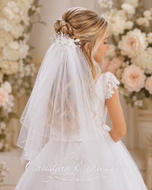 First Communion Comb Veil Organza Flowers Pearls Rhinestones Crystals