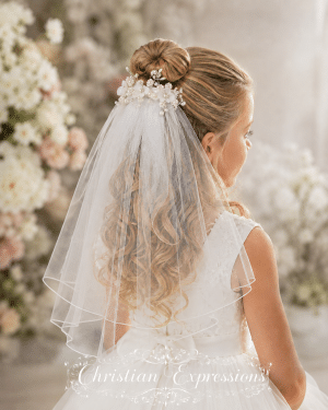 First Communion Comb Veil Organza Flowers and Rhinestones