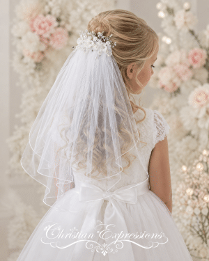 First Communion Comb Veil Organza Flowers and Rhinestones for Girls