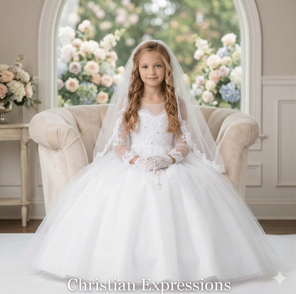 Long Sleeves Holy Communion Dress with with Detachable Train - FirstCommunions.com Long Sleeves Holy Communion Dress with with Detachable Train - FirstCommunions.com
