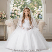 Long Sleeves Holy Communion Dress with with Detachable Train