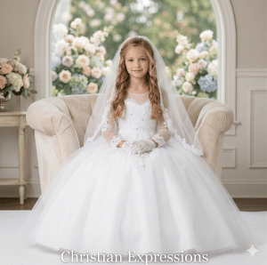 Long Sleeves Holy Communion Dress with with Detachable Train