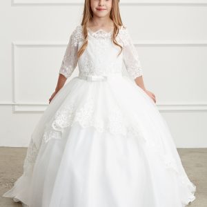 First Communion Dress lace peplum skirt with a long tail in the back
