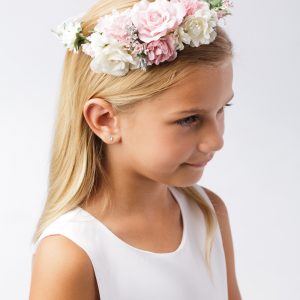 First Communion Floral Crown Wreath Headpiece with Large Flowers with satin ribbons