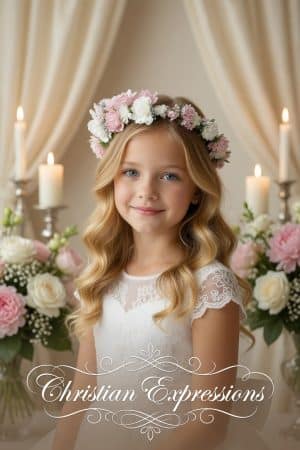 First Communion Floral Crown Wreath Headpiece with Large Flowers with satin ribbons