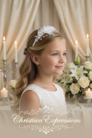 First Communion Headband with Pearls and Crystal Leaves