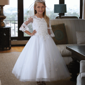 Belle sleeve First Communion Dress with beaded appliqué