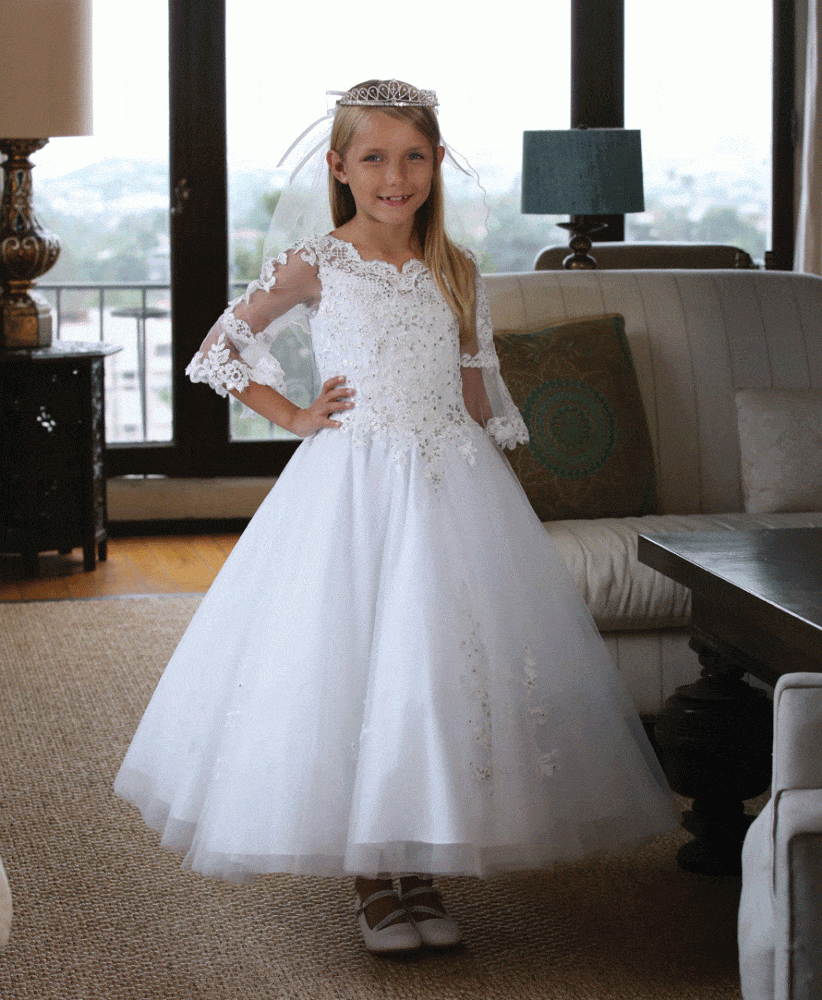 Bell sleeve First Communion Dress with beaded appliqué Buy First