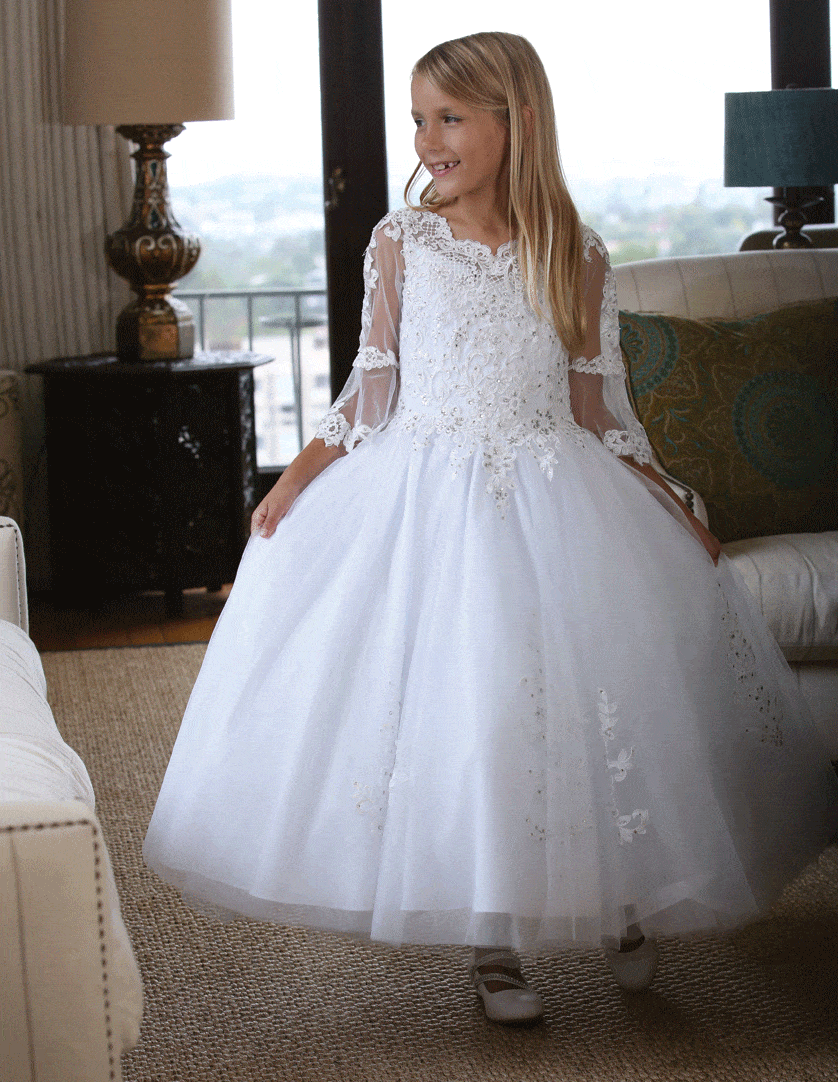 Bell sleeve First Communion Dress with beaded appliqué Buy First Communion Dresses with