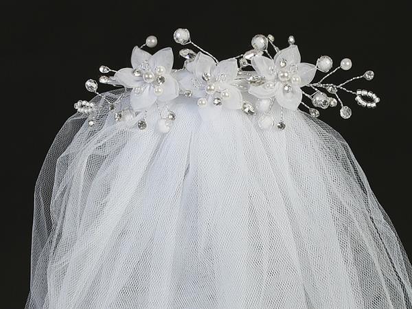 First Communion Comb Veil Organza Flowers Pearls Crystals