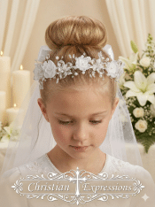Wreath First Communion Veil Organza Flowers and Rhinestones