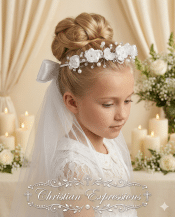 Wreath First Communion Veil Organza Flowers and Rhinestones