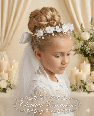 Wreath First Communion Veil Organza Flowers and Rhinestones