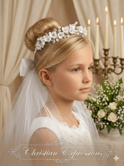 Wreath First Communion Veil Organza Flowers and Rhinestones