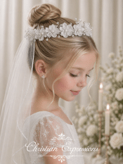 First Communion Veil Organza Flowers Pearls and Rhinestones