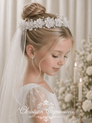 First Communion Veil Organza Flowers Pearls and Rhinestones