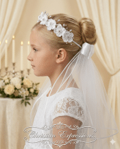 First Communion Veil Satin Flowers Pearls and Rhinestones