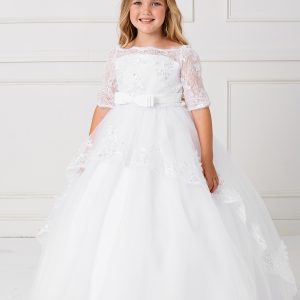 Floor Length First Communion Dress with Lace Sleeves