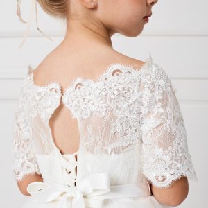 Floor Length First Communion Dress with Lace Sleeves Back Top