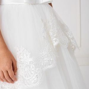 Floor Length First Communion Dress with Lace Sleeves Satin Bow
