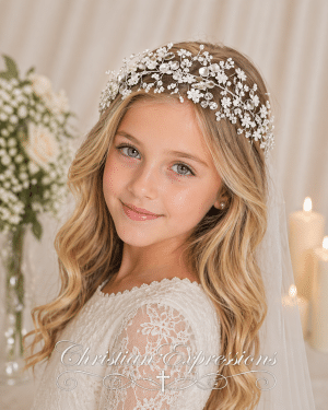 Flower with Beads Wire Floral First Communion Headpiece with Satin Ties White