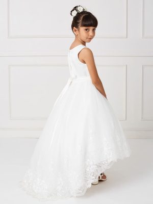 Girls Satin First Communion Dress with Lace Train