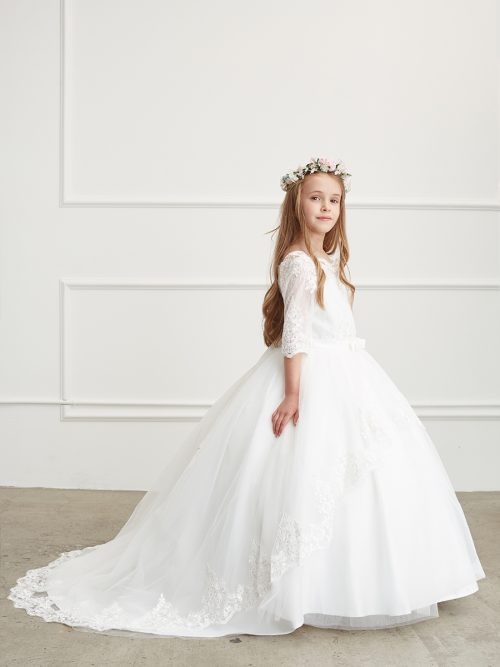 Gorgeous First Communion Dress lace peplum skirt with a long tail in the back