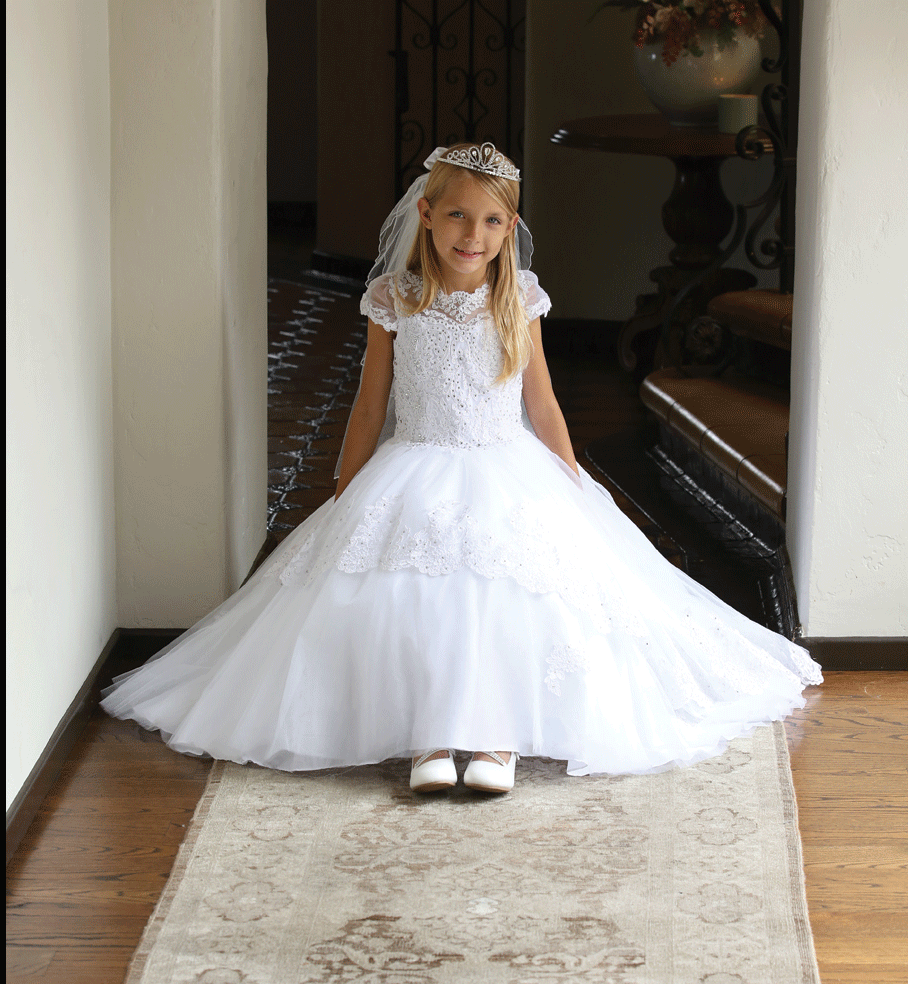Beautiful Short Sleeved First Communion Dress with Cap Sleeves | Buy