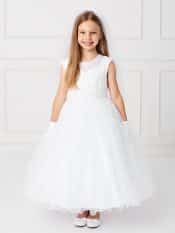 Holy Communion Dress Satin Bodice with Illusion Neckline and Lace Applique