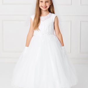 Holy Communion Dress Satin Bodice with Illusion Neckline and Lace Applique