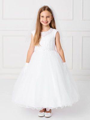 Holy Communion Dress Satin Bodice with Illusion Neckline and Lace Applique