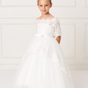 Ivory Floor Length First Communion Dress with Lace Sleeves