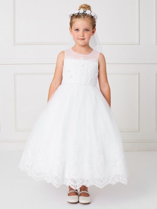 Ankle Length First Communion Dress Illusion neckline with lace hem