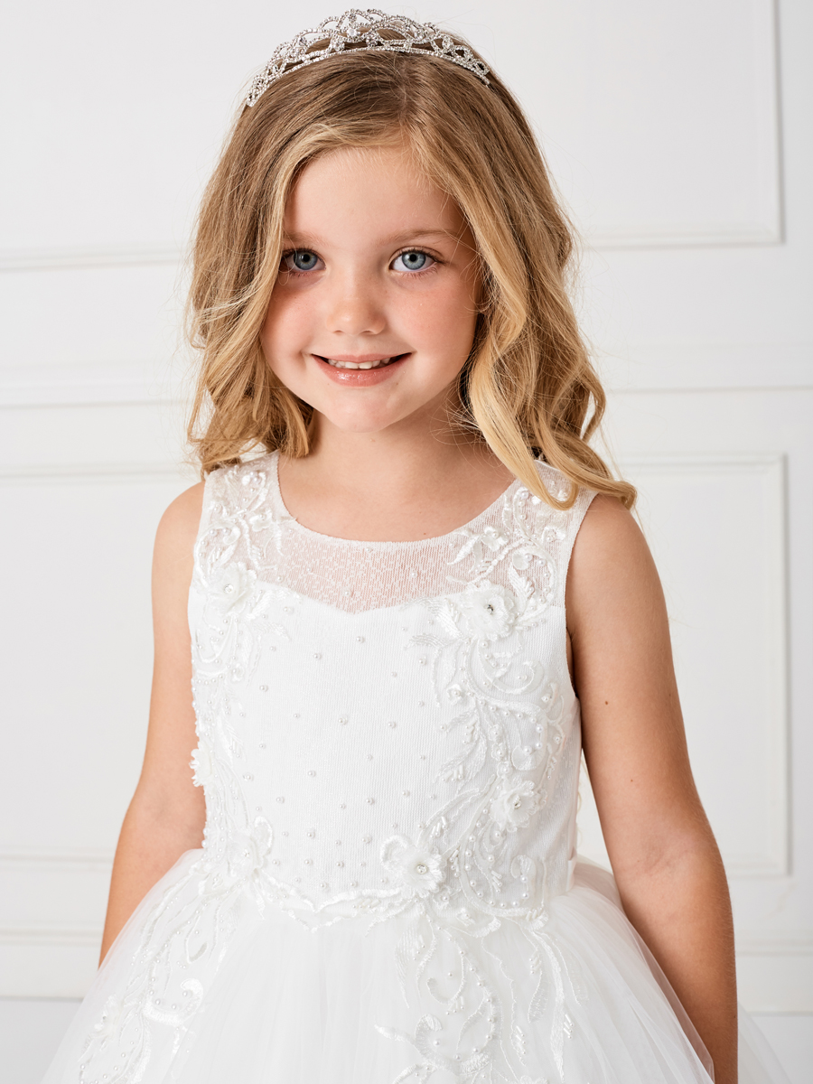 Holy Communion Dress with Illusion Neckline Lace Applique | Buy White ...
