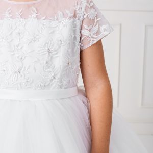 Modern White Lace Satin and Mesh First Communion Dress with Short Sleeves