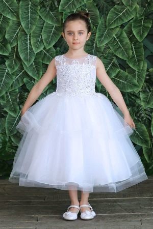 First Communion Dress Lace Top with Horsetail Layered Skirt