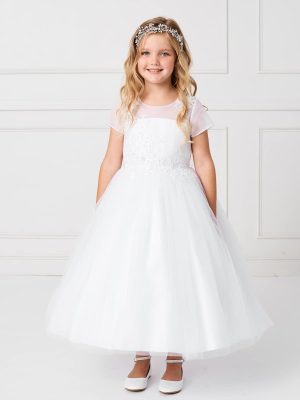 Plus Size Cap Sleeved Illusion Neckline First Communion Dress with Lace Applique