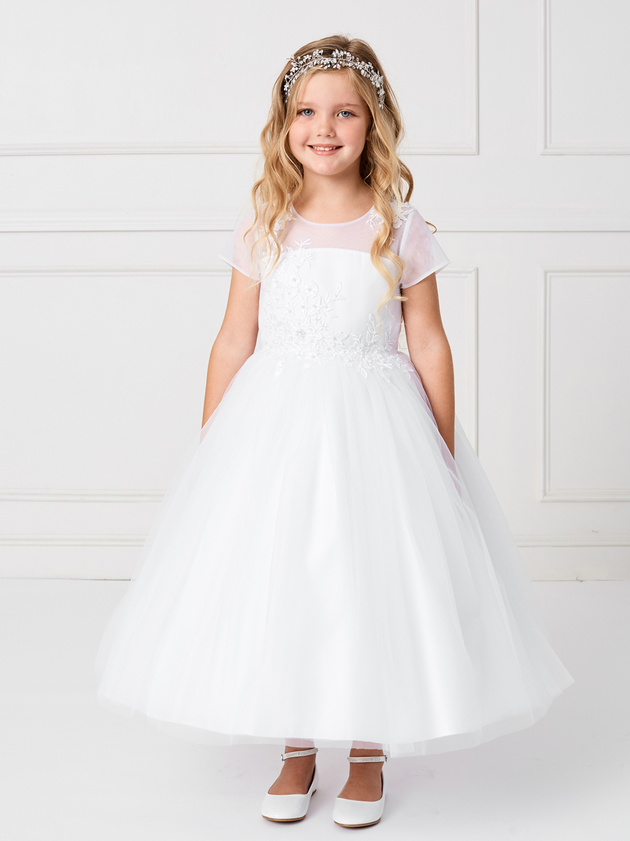Mesh Illusion Cap Sleeved Neckline First Communion Dress with Lace Applique