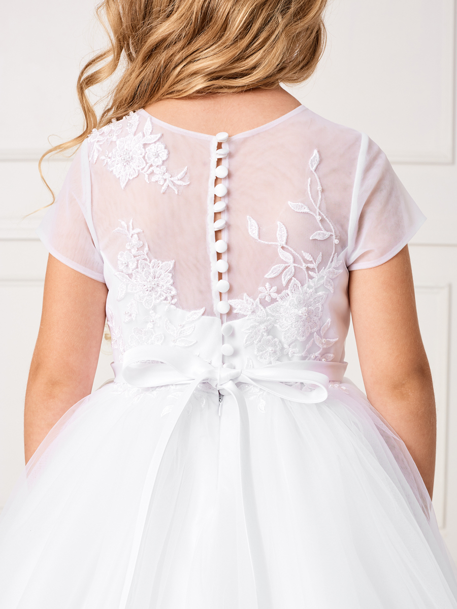 Plus Size Cap Sleeved Illusion Neckline First Communion Dress with Lace